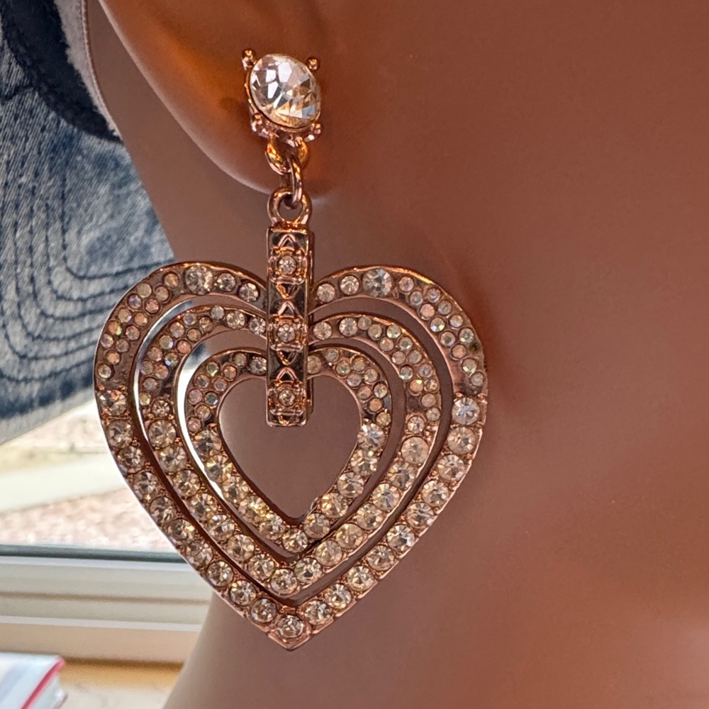 Crystal Pavé Rose Gold Heart Drop Earrings